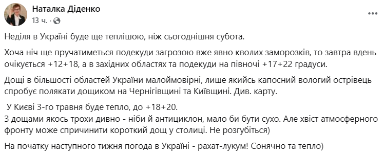 Прогноз погоди на 3 травня