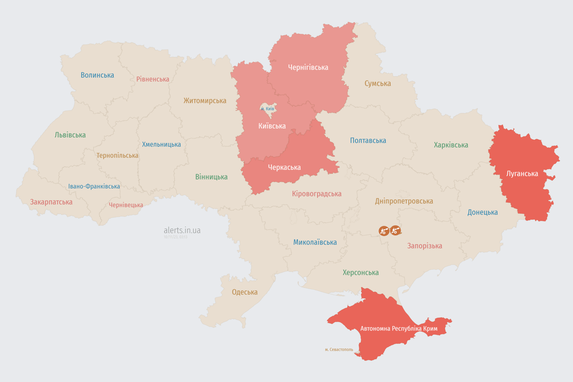 Мапа повітряних тривог в Україні сьогодні, 10 листопада