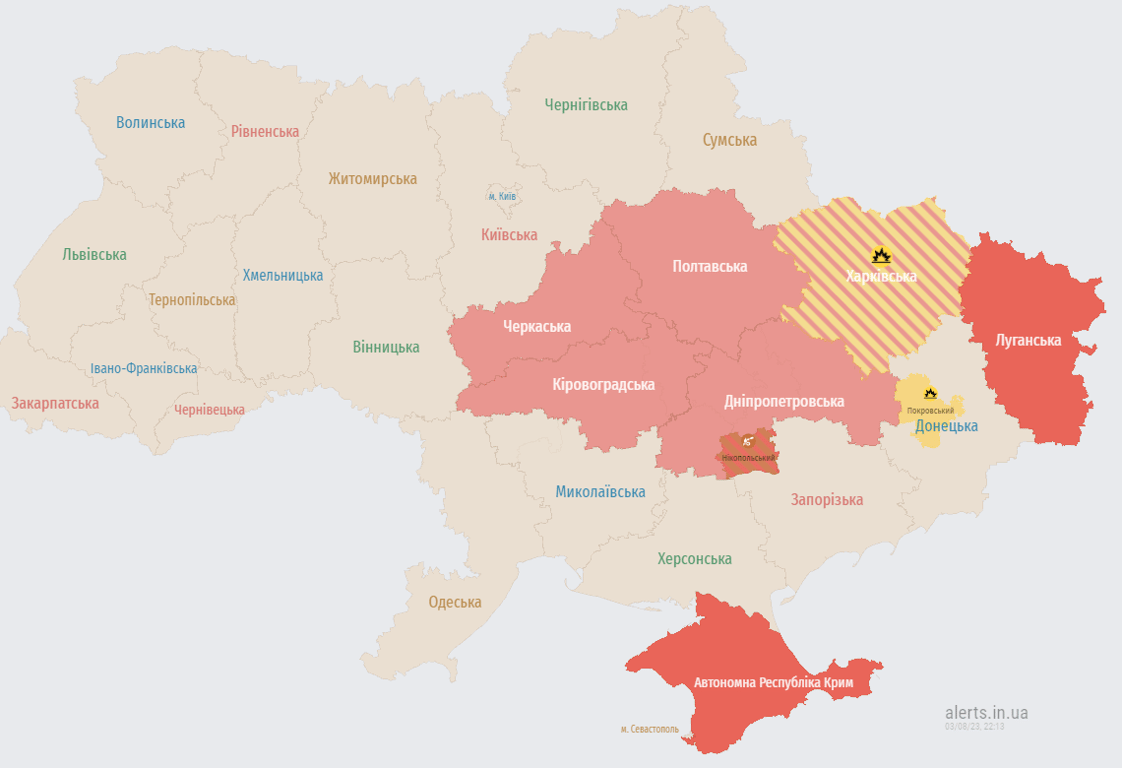 Карта повітряних тривог увечері 3 серпня. Фото: alerts.in.ua