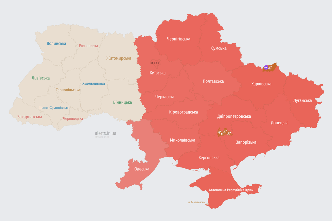 Карта повітряної тривоги вранці 31 липня