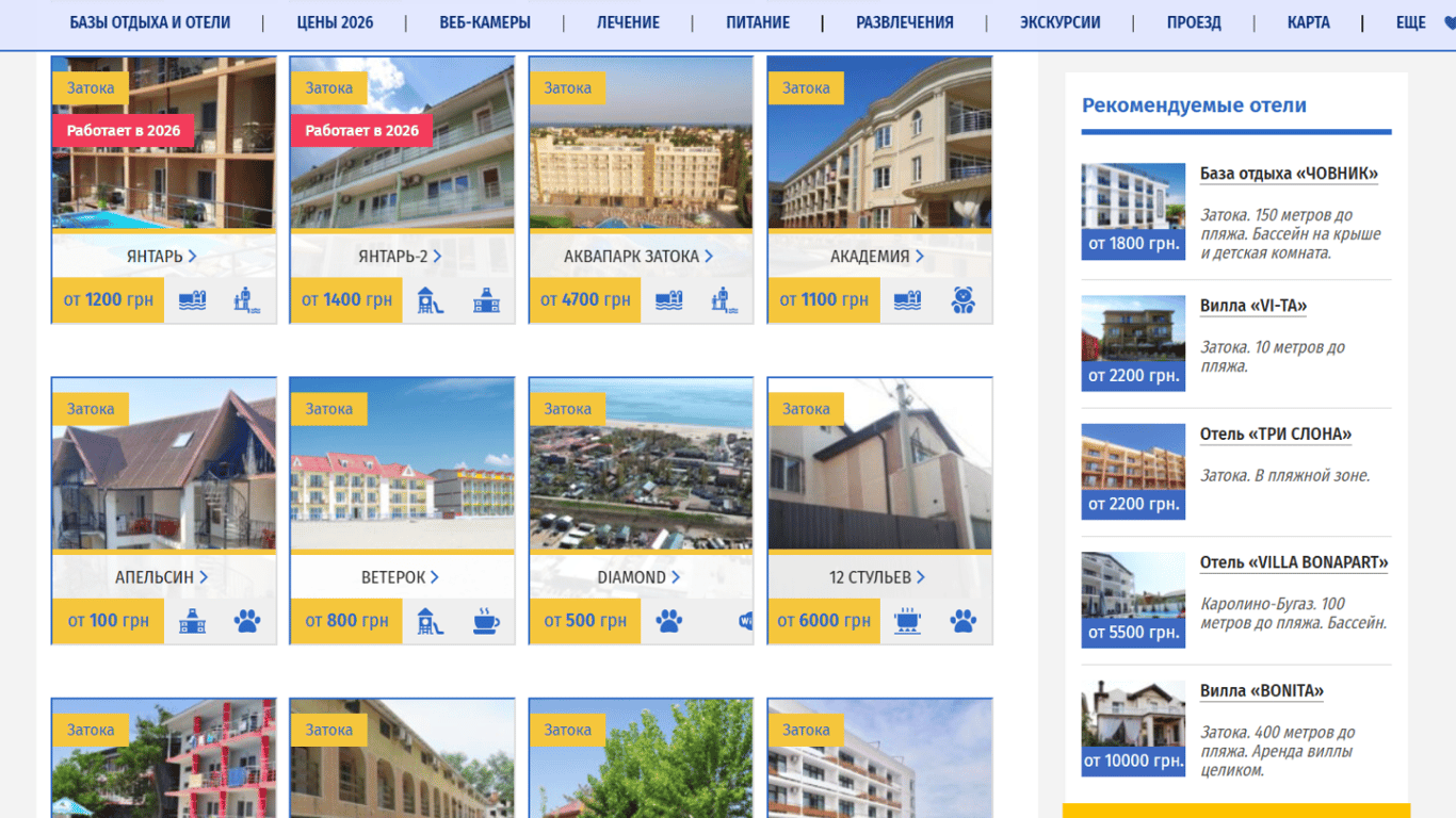 Ціни на проживання у Затоці 2026. Фото: cкриншот zatoka.travel