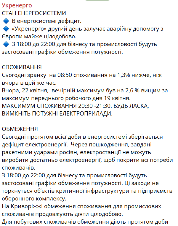 відключення світла в Україні 23 квітня