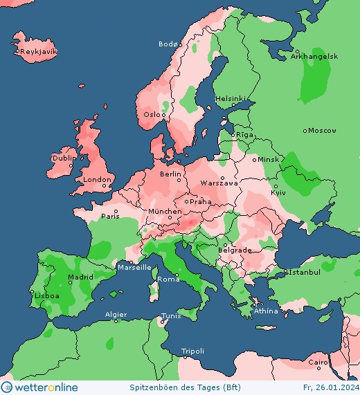 Мапа штормових поривів вітру в Європі