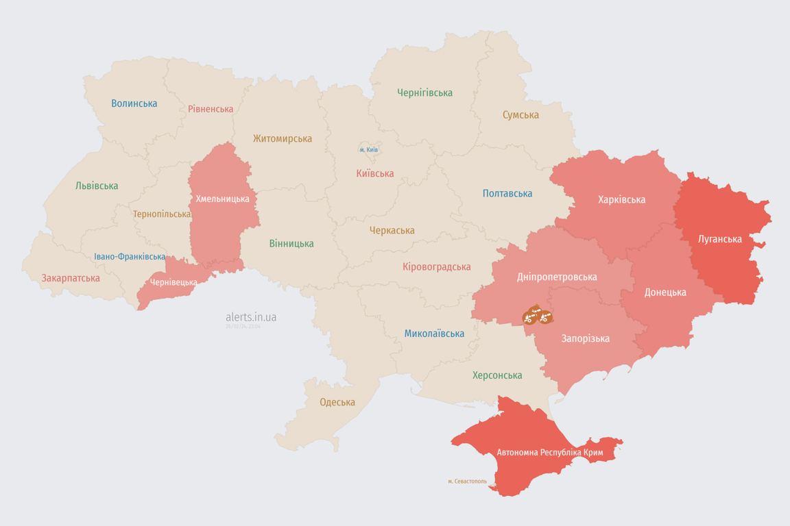 Мапа повітряних тривог в Україні 26 лютого