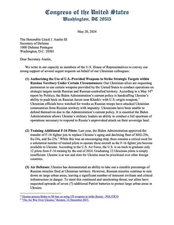 Конгресмени закликали Пентагон дозволити Україні завдавати ударів по цілях у РФ - фото 1