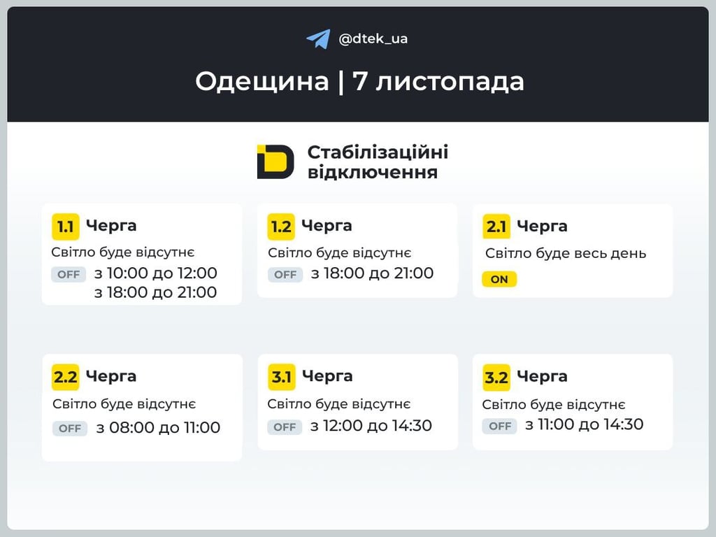 Графики отключения электроэнергии в Одесской области на 8 ноября