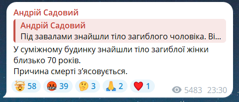 Скриншот повідомлення з телеграм-каналу мера Львова Андрія Садового