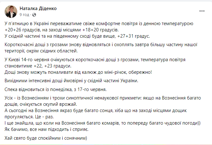 Яку погодоу прогнозує Наталка Діденко в Україні 14 червня