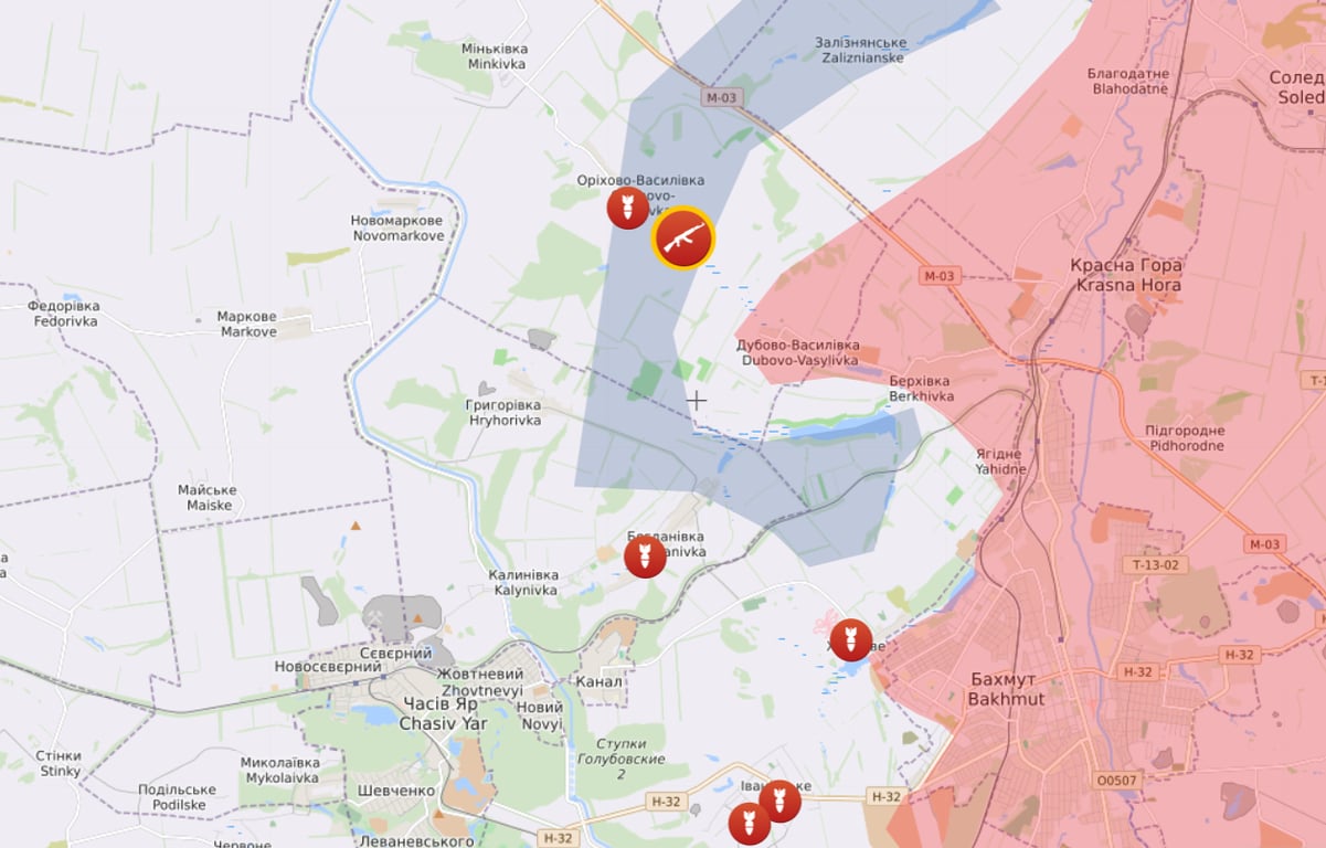 Карта бойових дій на Бахмутському напрямку від Liveuamap