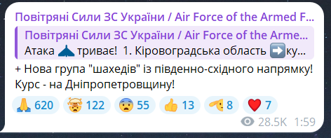 Скриншот повідомлення з телеграм-каналу "Повітряні сили ЗС України"