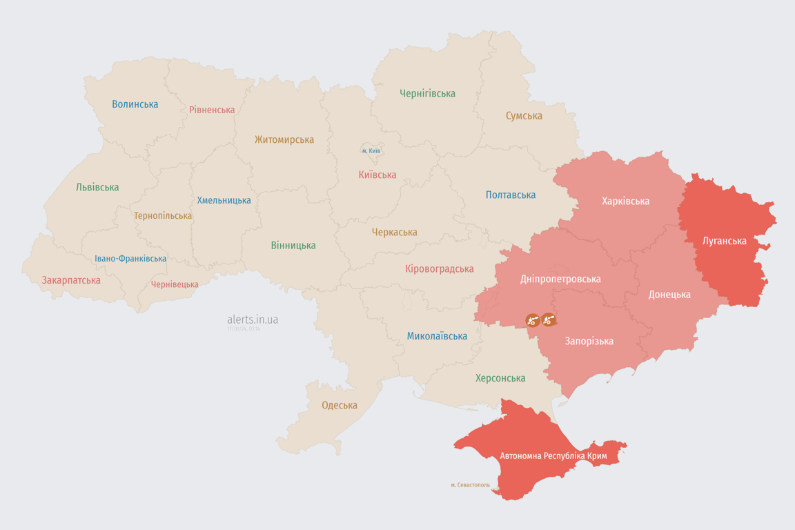 Карта воздушных тревог в Украине сегодня 17 января