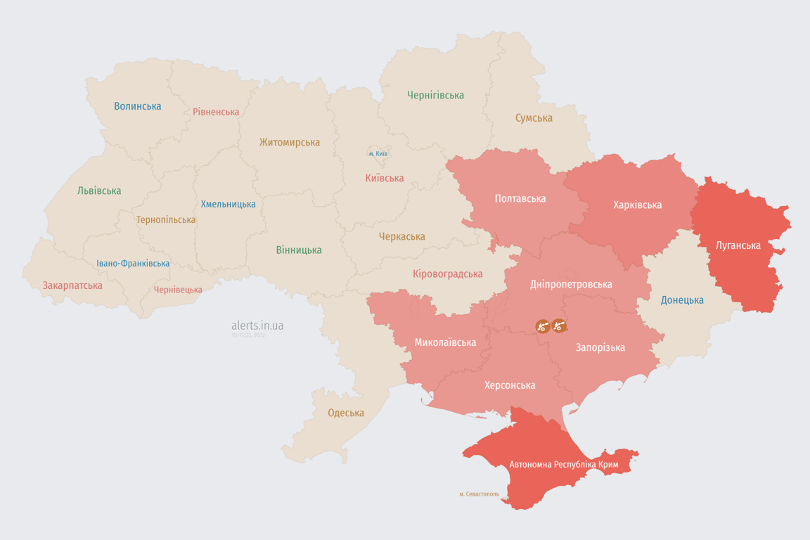 Мапа повітряних тривога в Україні сьогодні, 10 листопада