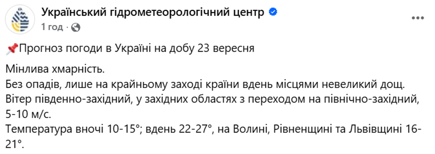 Погода в Україні 23 вересня