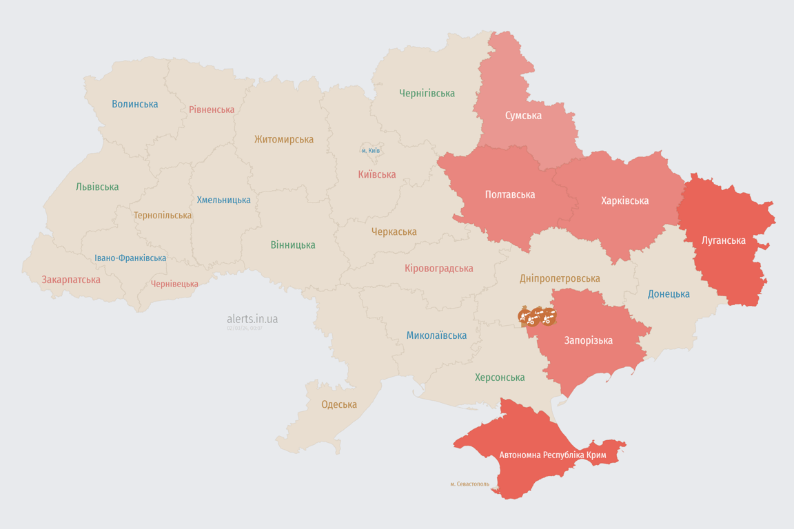 Карта воздушной тревоги в Украине 2 марта