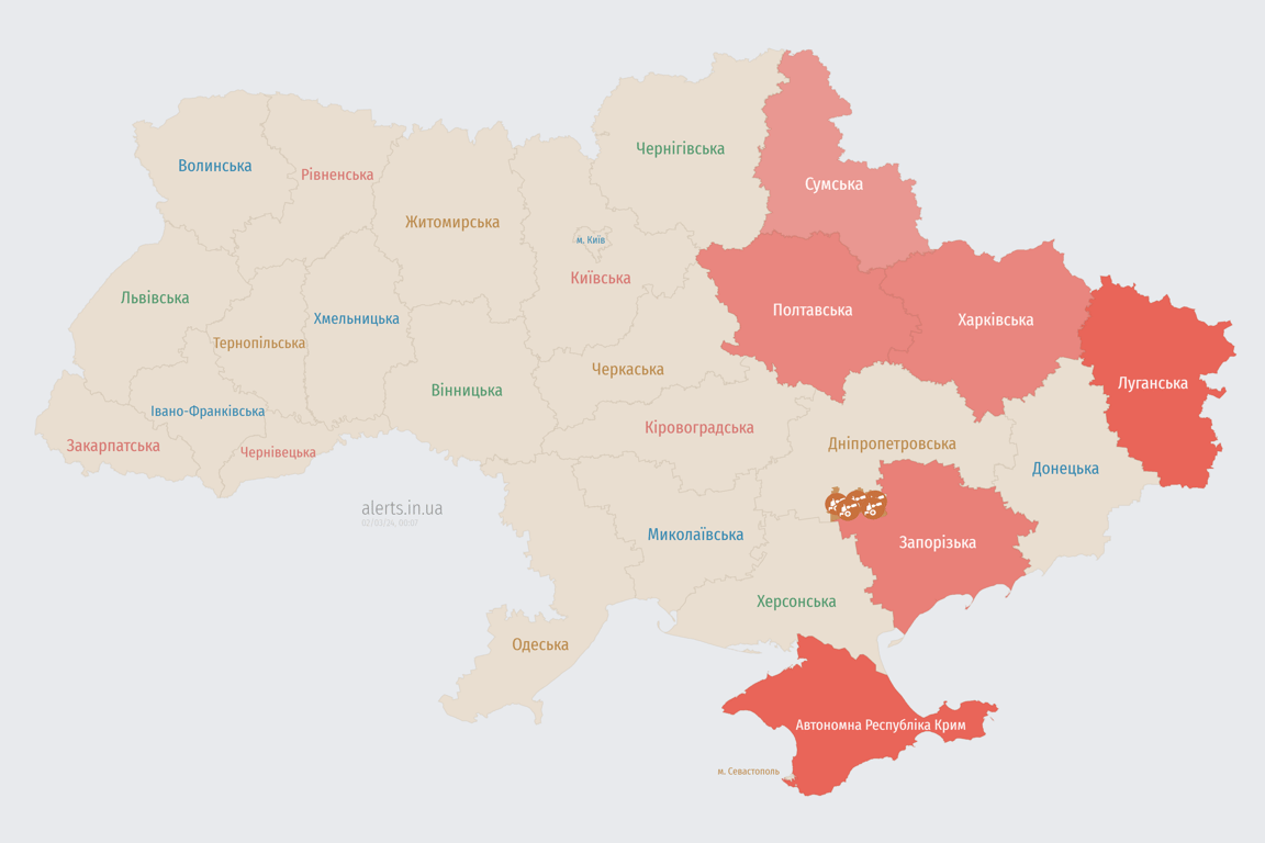 Мапа повітряної тривоги в Україні 2 березня