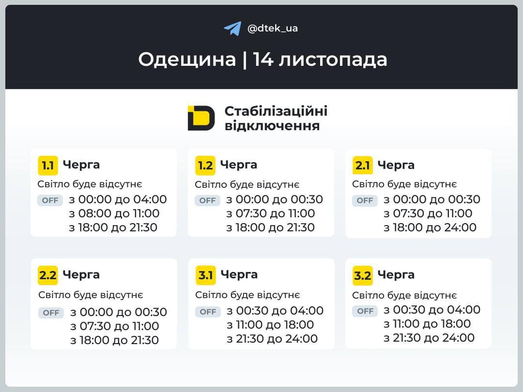 Графіки відключень світла на 14 листопада