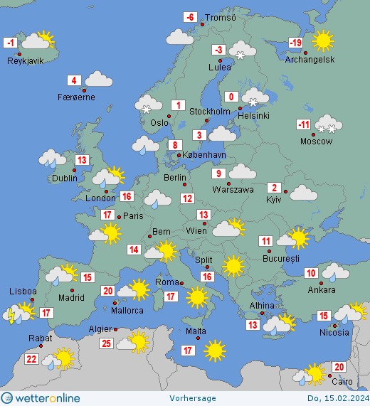Мапа погоди в Європі 15 лютого