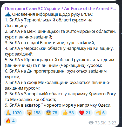 Скриншот сообщения из телеграмм-канала "Воздушные силы ВС Украины"