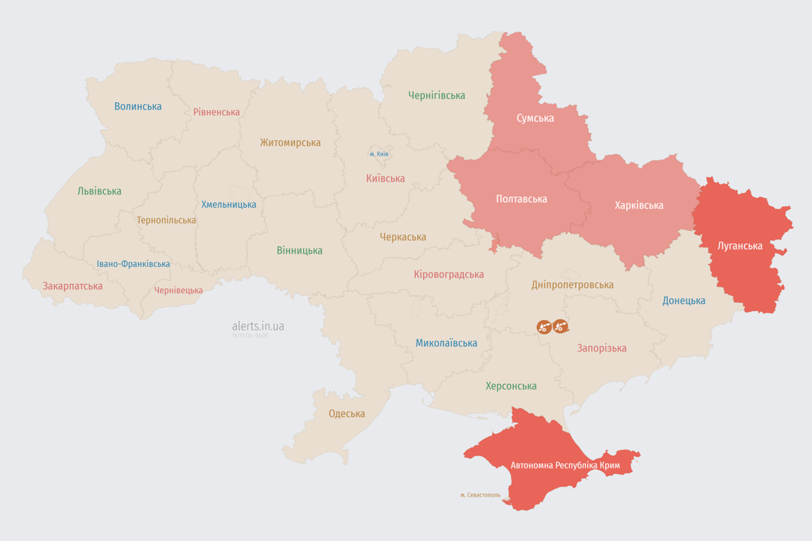 Карта воздушных тревог в Украине сегодня, 18 января