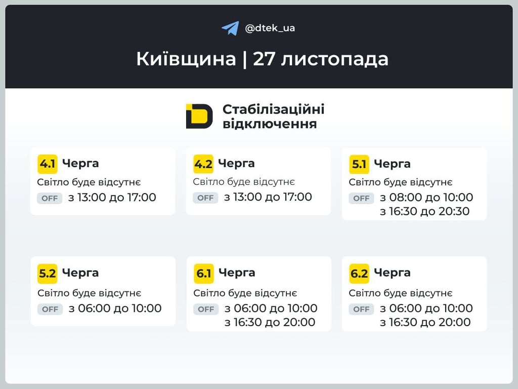 Графіки відключень світла в Київській області 27 листопада