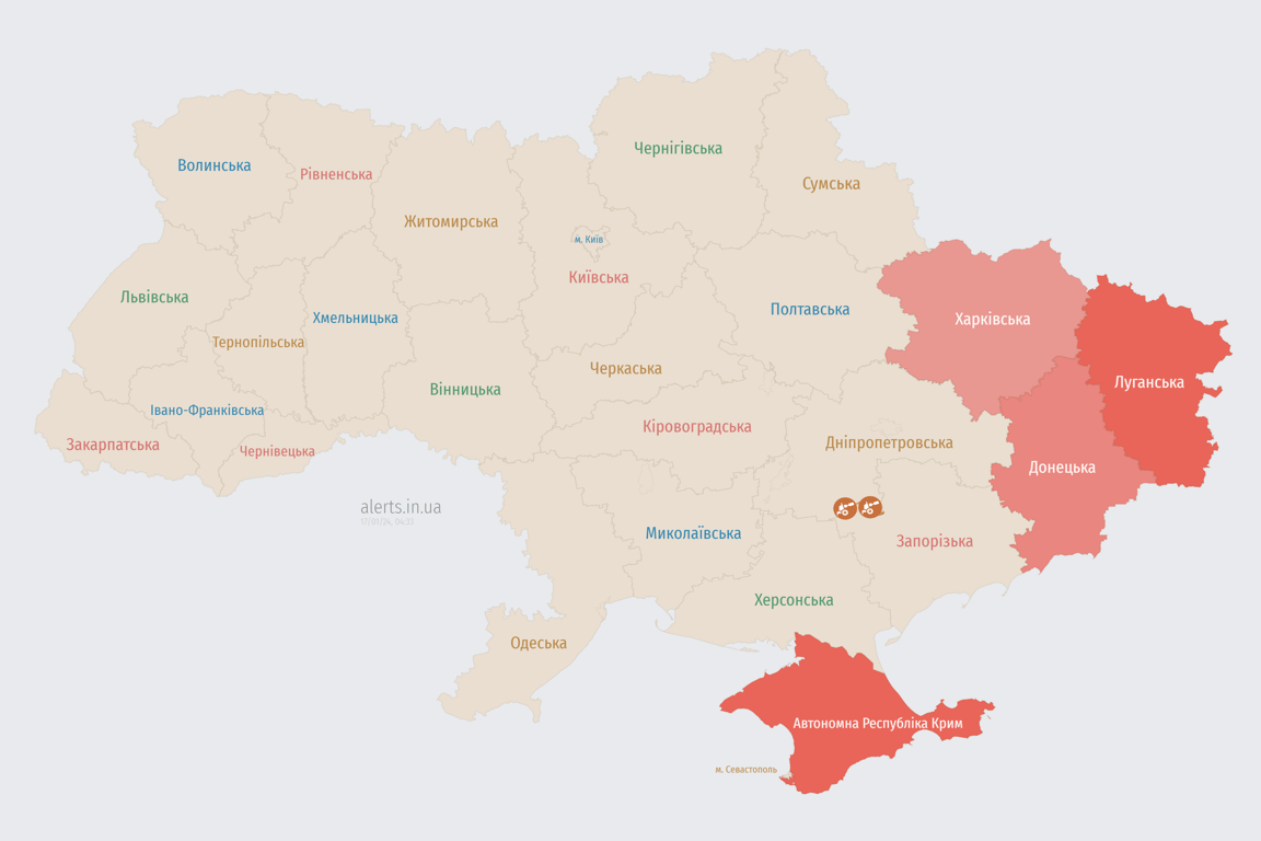 Мапа повітряних тривог в Україні сьогодні 17 січня