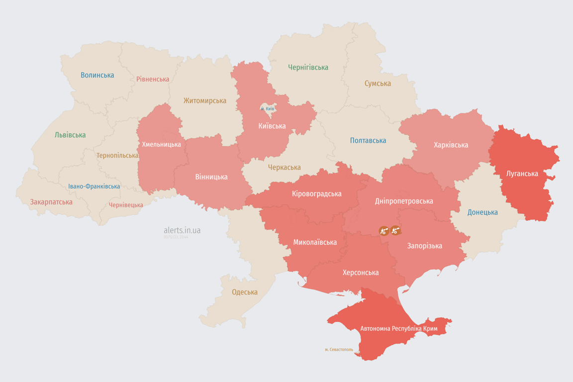 Мапа повітряних тривога в Україні сьогодні, 3 грудня