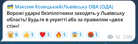 Скриншот сообщения из телеграмм-канала главы Львовской ОВА Максима Козицкого