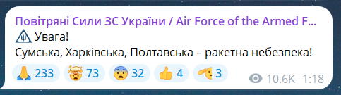 Скриншот повідомлення з телеграм-каналу "Повітряні сили ЗС України"