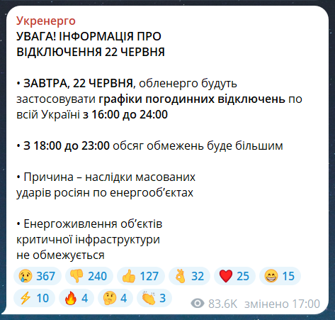 Коли не буде світла в суботу 22 червня