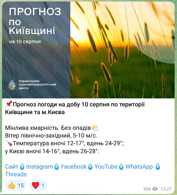 Погода на Київщині 10 серпня
