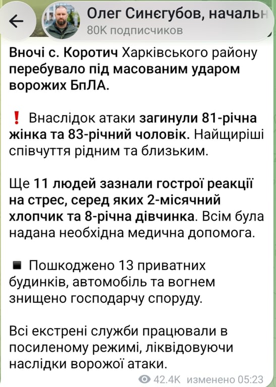 Ночью 21 октября 2026 года РФ обстреляла село Коротич в Харьковском районе