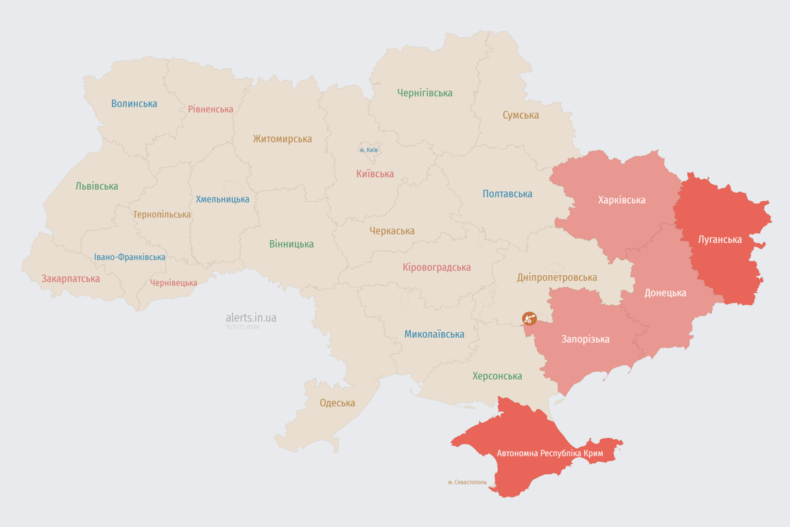 Мапа повітряних тривог в  Україні сьогодні, 15 листопада