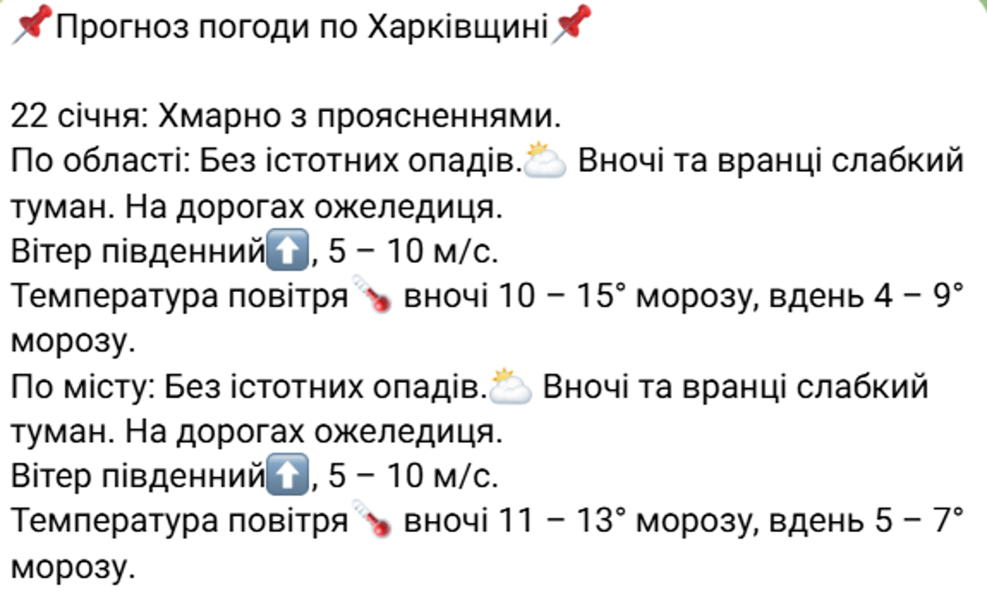 Погода у Харкові на 22 січня