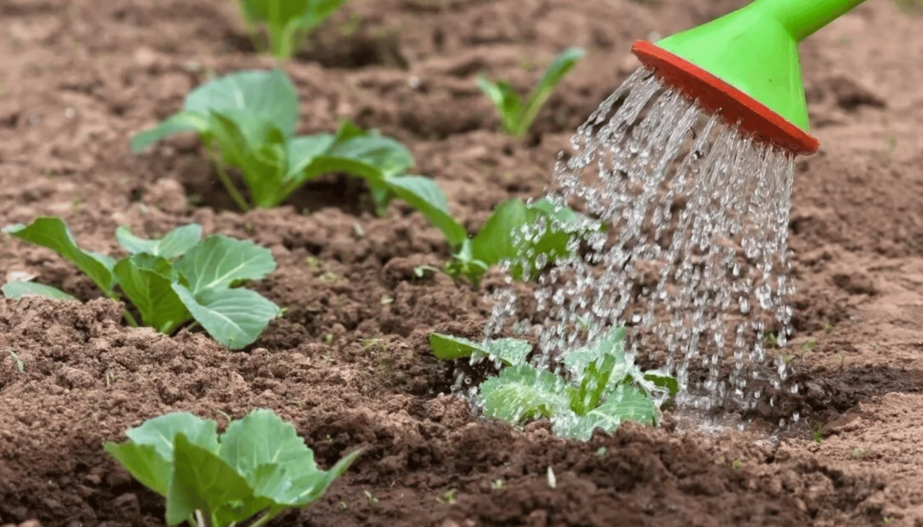 Процесс полива капусты на огороде