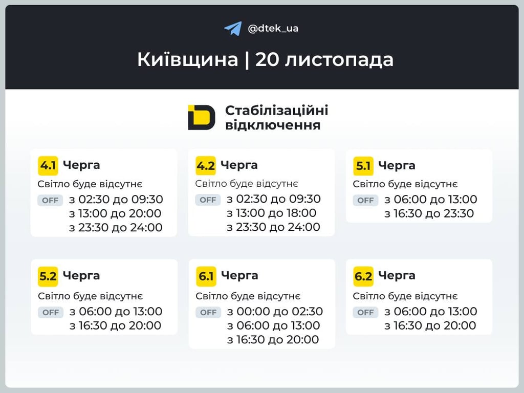 Графік відключення світла на Київщині 20 листопада