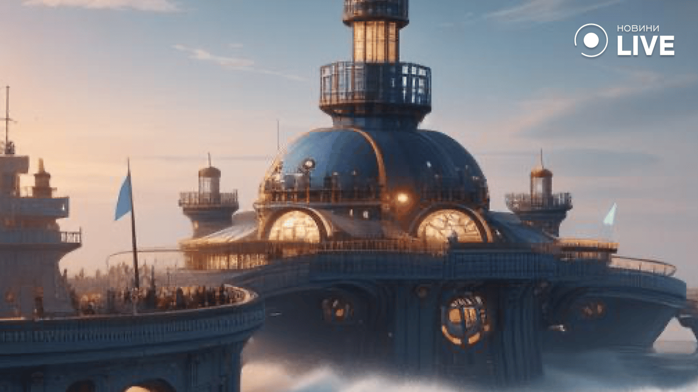 Футуристический вид одесского морвокзала. Видение нейросети NightCafe.