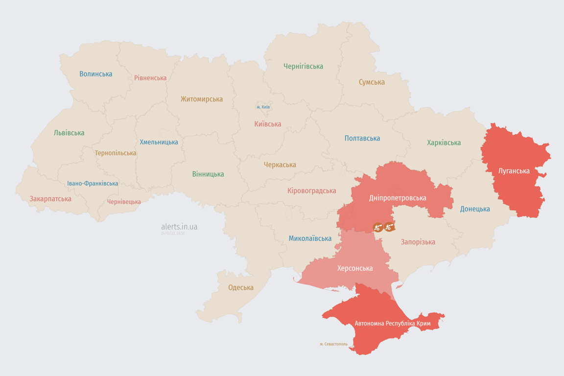 Мапа повітряних тривог в Україні 24 грудня