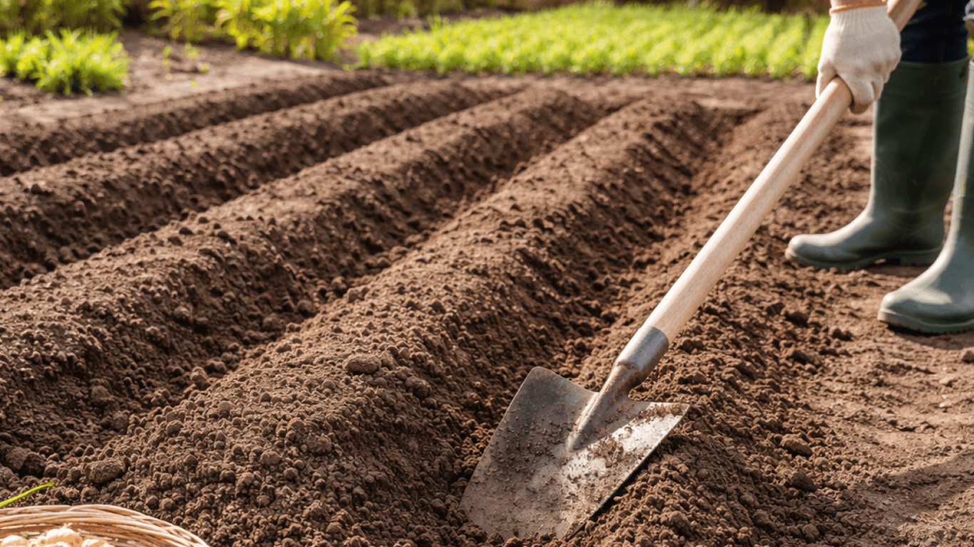 Фермер робить гребні на городі