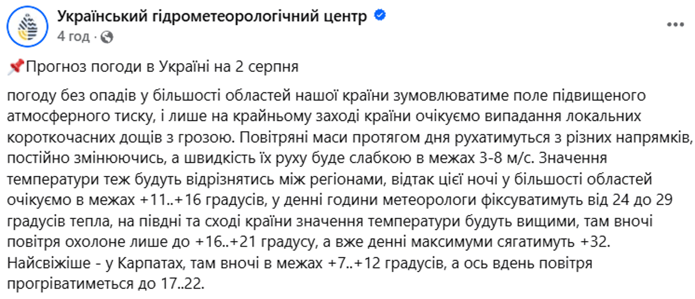 Погода 2 серпня