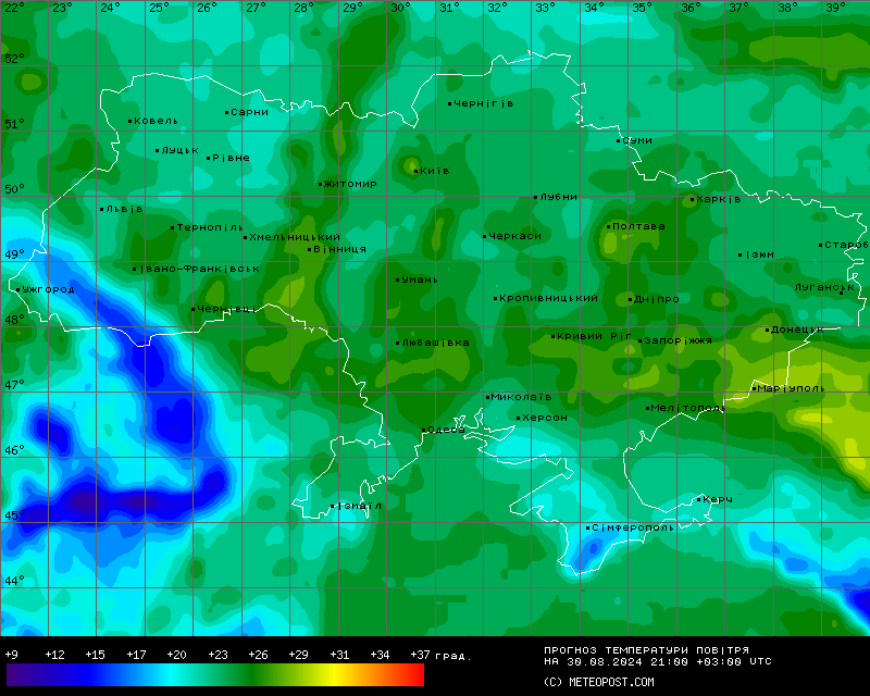 Карта температур на 30 серпня