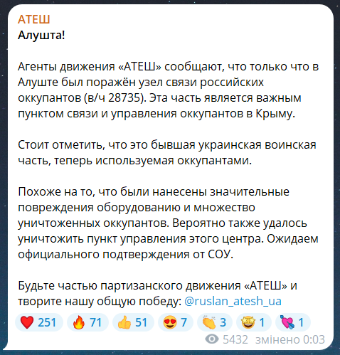 Ураження російського вузла зв'язку в Алушті, Крим