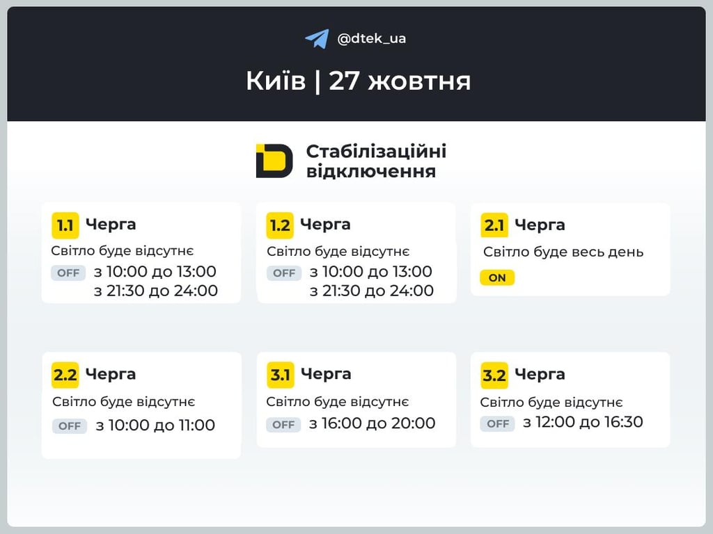 Відключення світла в Києві 27 жовтня