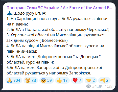Скриншот повідомлення з телеграм-каналу "Повітряні сили ЗС України"