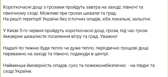 Прогноз погоды от Наталки Диденко на 5 июня.