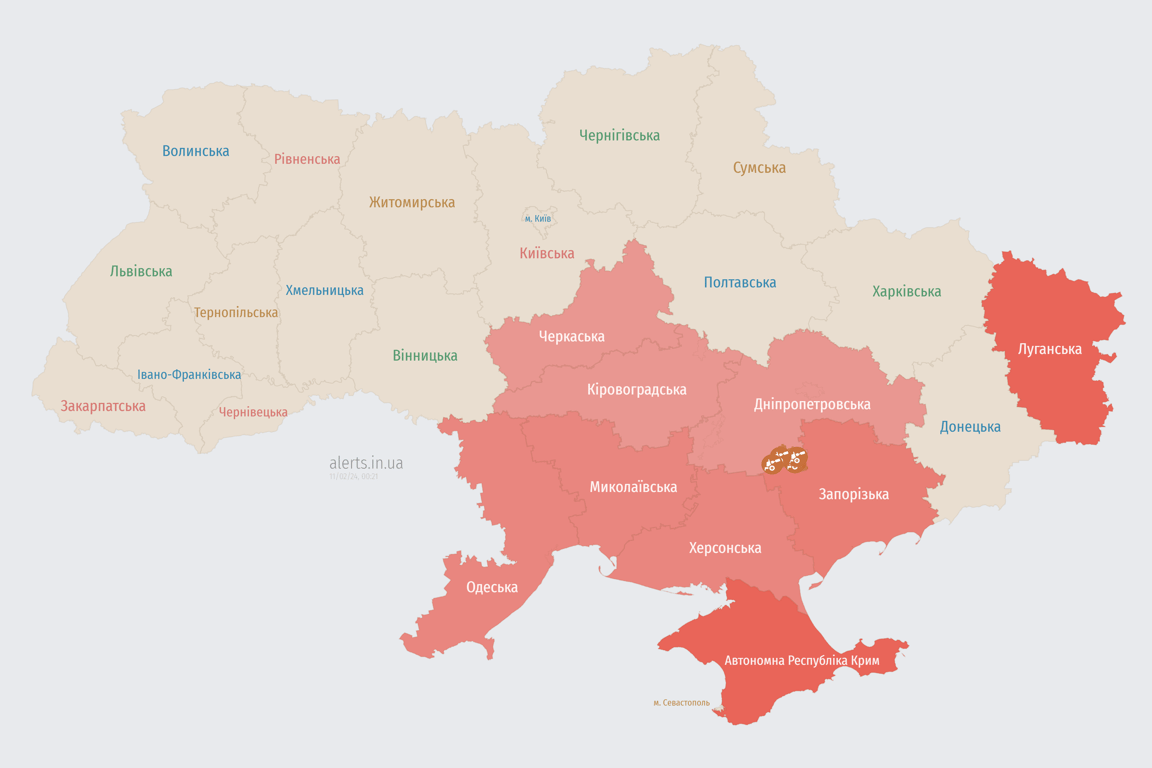 Мапа повітряної тривоги в Україні 11 лютого