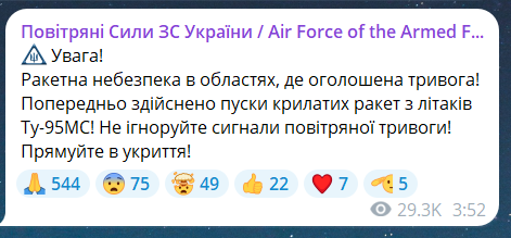 Скриншот повідомлення з телеграм-каналу "Повітряні сили ЗС України"