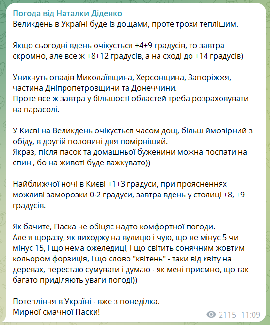 Прогноз погоди на Великдень 12 квітня
