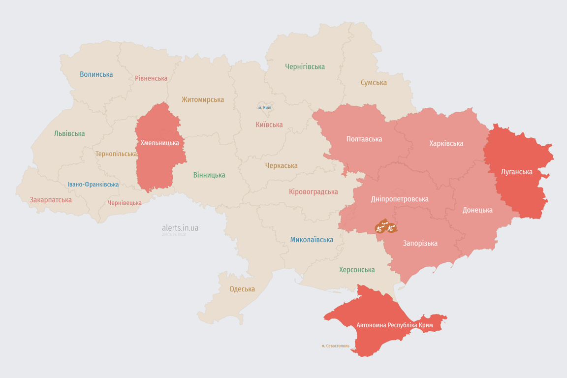 Карта воздушных тревог в Украине сегодня, 29 января