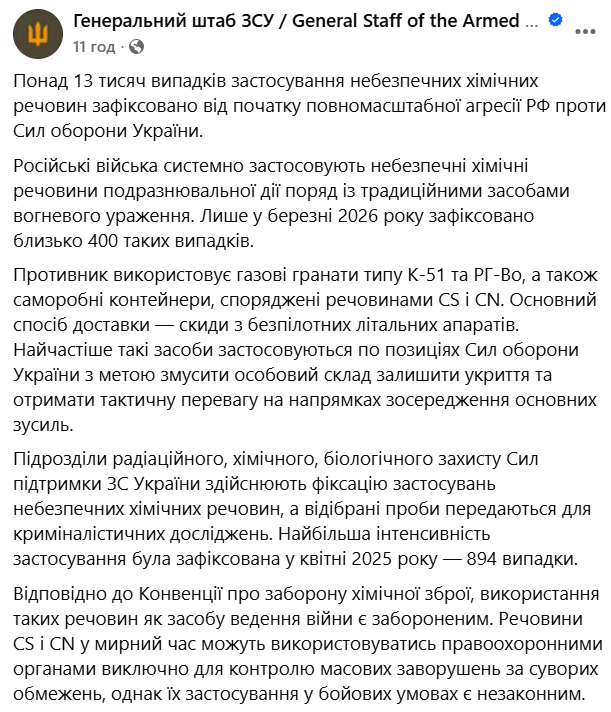 Росіяни продовжують атакували Сили оборони хімічними речовинами