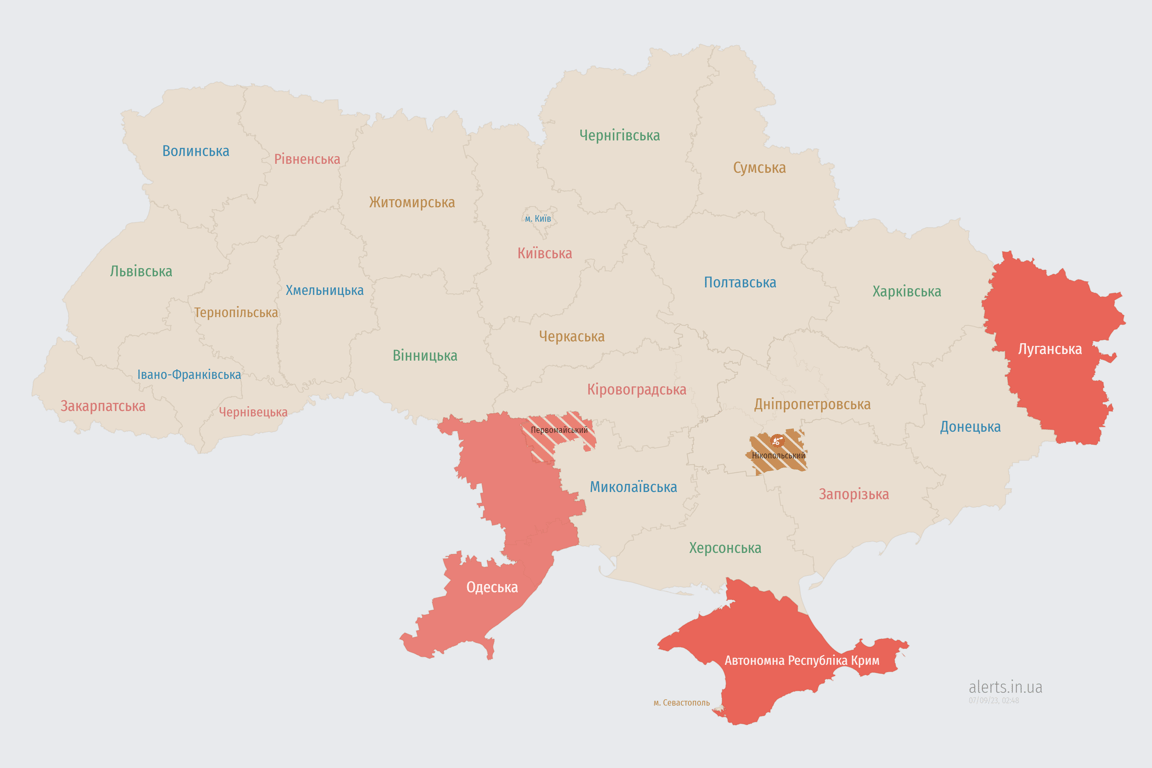 Карта воздушных тревог в Украине ночью 7 сентября